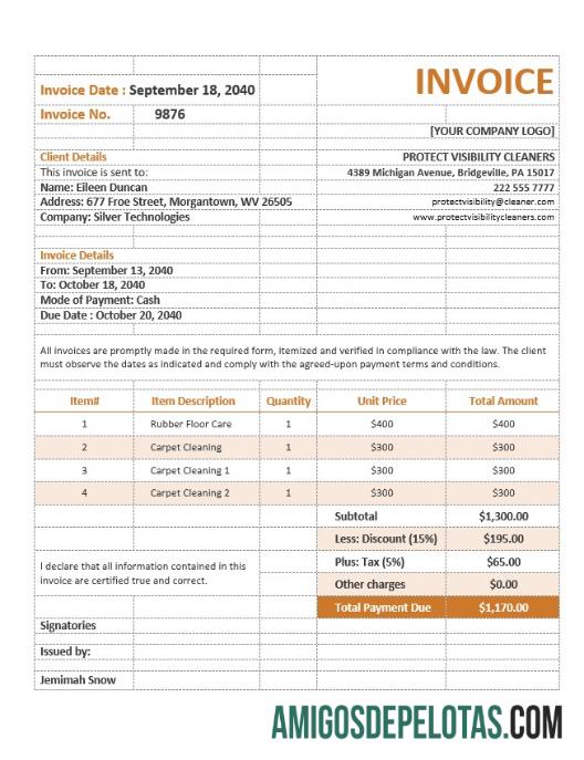 em branco Modelo de formulário de fatura de serviço de limpeza